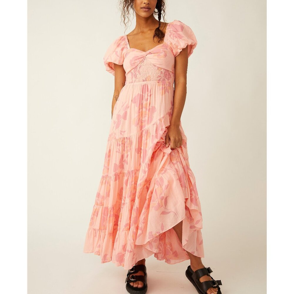 Free People Pink Floral Puff-Sleeve Maxi Dress